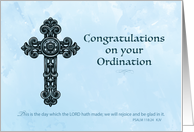 Congratulations on Your Ordination Ornate Cross on Blue card