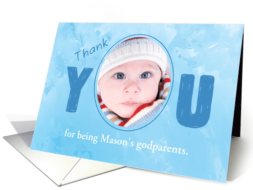 Thank You Babys Godparent Blue Personalize Name Photo card (1356886)