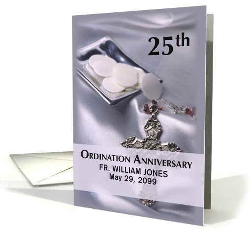 Personalize Name Date 25th Ordination Anniversary Cross Host card
