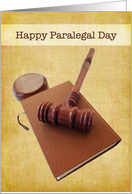 Happy Paralegal Day Gavel and Book on Brown card