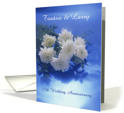 Wedding Anniversary Custom Name Year White Flowers on Blue card