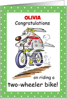 Personalize Name Congratulations Girl Riding Bike Funny Rabbit Olivia card