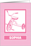 Pink Tricycle on Plaid Congratulations Learning to Ride Custom Name card