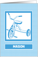 Learning to Ride Blue Tricycle on Plaid Congratulations Custom Name card