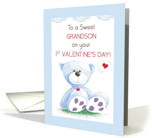 Grandson 1st Valentines Day Blue Teddy Bear on Grass card (1415728)