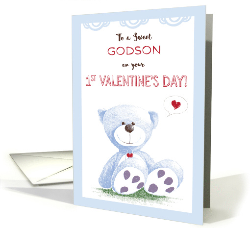 Godson 1st Valentines Day Blue Teddy Bear on Grass card (1417760)