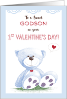 Godson 1st Valentines Day Blue Teddy Bear on Grass card