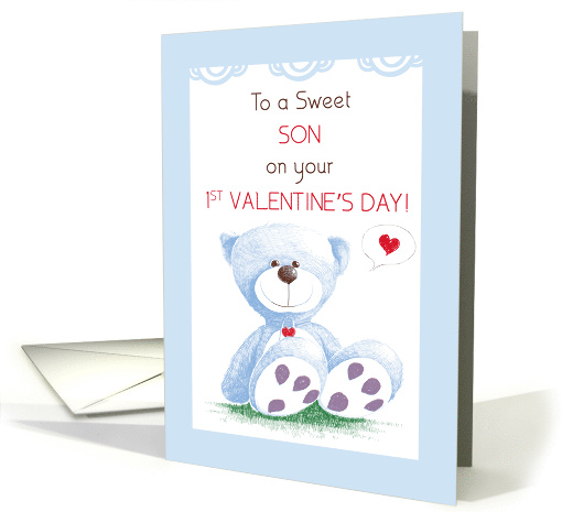Son 1st Valentines Day Blue Teddy Bear on Grass card (1417762)