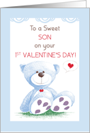 Son 1st Valentines Day Blue Teddy Bear on Grass card