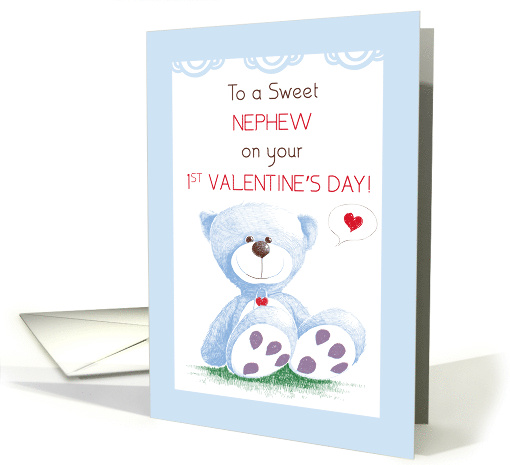 Nephew 1st Valentines Day Blue Teddy Bear on Grass card (1417764)