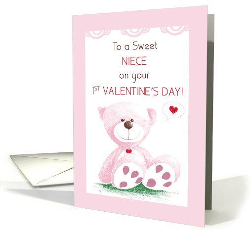 Niece 1st Valentines Day Pink Teddy Bear on Grass card (1417874)
