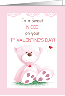 Niece 1st Valentines Day Pink Teddy Bear on Grass card