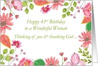 43rd Birthday Wonderful Woman Watercolor Flowers Religious card