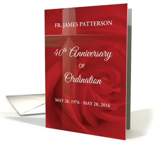 Invitation Priest 40th Anniversary Ordination Red Rose Cross card