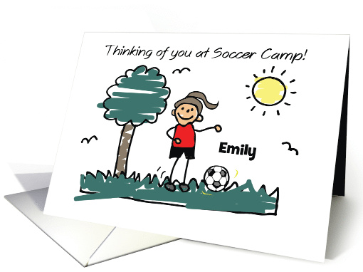Girl Custom Name Soccer Camp Stick Figure Thinking of You card