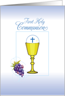 Boy First Communion Chalice with Host and Grapes on Blue card
