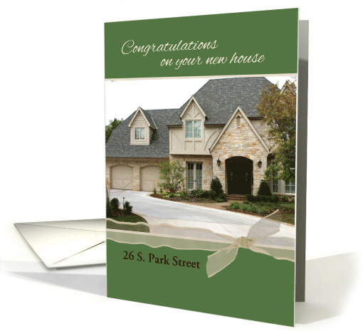 Photo Congratulations on New Home Customize Address Green Ribbon card