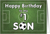 Son Soccer Birthday with Grass Field and Ball Sports card
