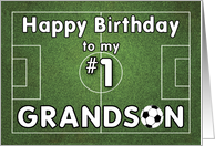 Grandson Soccer Birthday with Grass Field and Ball Sports card