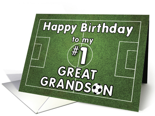 Great Grandson Soccer Birthday with Grass Field and Ball Sports card