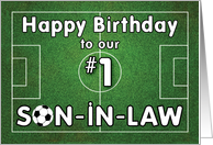Son in Law Soccer Birthday with Grass Field and Ball Sports card
