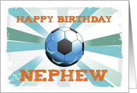 Nephew Soccer Birthday with Ball Orange on Teal and Blue Starburst card