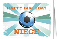Niece Soccer Birthday with Ball Orange on Teal and Blue Starburst card