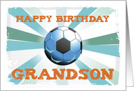 Grandson Soccer Birthday with Ball Orange on Teal and Blue Starburst card