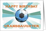 Granddaughter Soccer Birthday with Ball Orange on Teal Starburst card