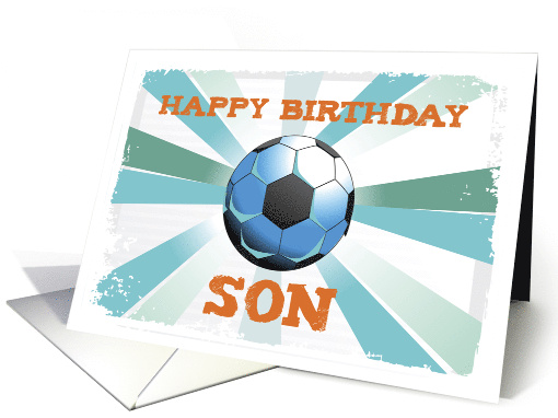 Son Soccer Birthday with Ball Orange on Teal and Blue Starburst card