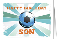 Son Soccer Birthday with Ball Orange on Teal and Blue Starburst card