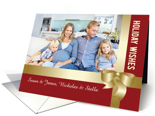 Custom Name and Photo Holiday Red Gold Bow card (1444724)