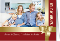 Custom Name and Photo Holiday Red Gold Bow card