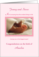 Pink Customizable Names Baby Feet Congratulations Girl card