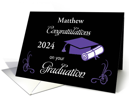 Custom Name Year Graduation Congratulations Black and Purple card