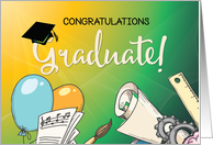 Elementary School Graduation Balloons Music on Green and Yellow card