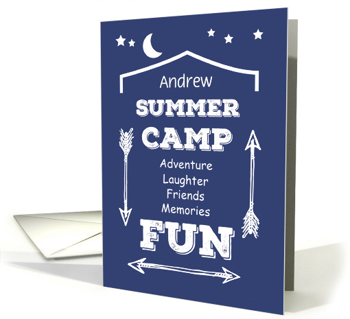 Custom Name Camp Fun Navy Blue White Arrows Thinking of You card