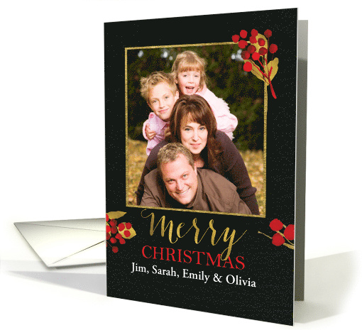 Photo Customizable Christmas Card Black with Gold and Red Berries card
