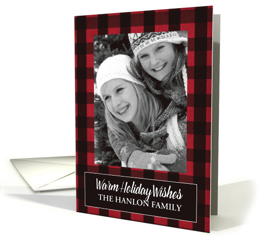 Red Plaid Warm Holiday Wishes Customizable Photo Christmas card