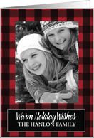 Red Plaid Warm Holiday Wishes Customizable Photo Christmas card