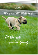 Custom Name 50th Birthday Puppy Running card