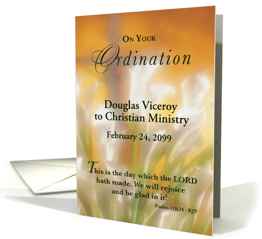 Custom Name and Date Ordination Congratulations Lilies and Cross card