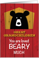 Great Grandchildren Valentine Bear Wishes on Red Wood Grain Look card