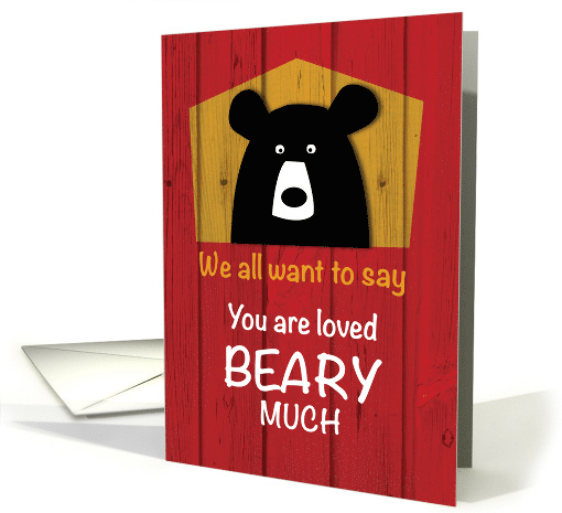 From All of Us Valentine Bear Wishes on Red Wood Grain Look card