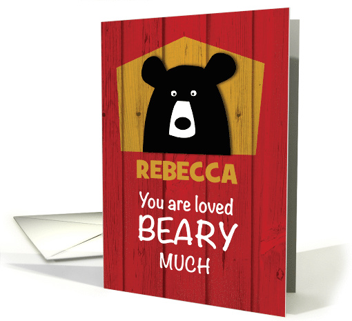 Custom Name Valentine Bear Wishes on Red Wood Grain Look card