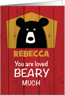 Custom Name Valentine Bear Wishes on Red Wood Grain Look card