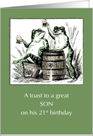 Son 21st Birthday Frogs Toasting with Beer card