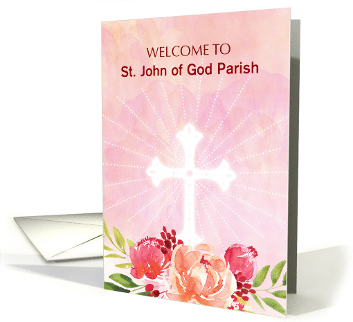 Welcome to Parish Customizable Cross With Pink Watercolor Flowers card
