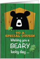 Special Cousin Bear abd Shamrocks on St Patricks Day Holiday card