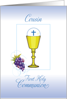 Cousin First Communion Chalice with Host and Grapes on Blue card